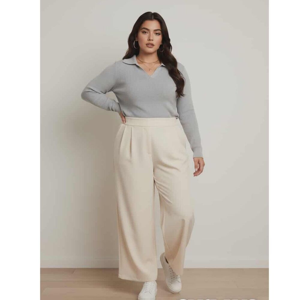 Nine West Women’s Plus 2X High-Rise Wide-Leg Pants — Cream/Beige